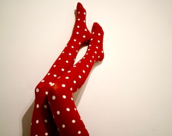 Red stockings with white polka dots, Red pantyhose with white polka dots, Red patterned stockings, Red stockings with white dots. Moles