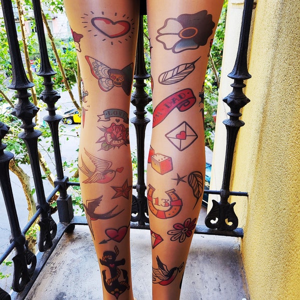 Retro Tattoo Tights: Old school charm on your legs, tights with tattoo patterns printed all over the stocking.