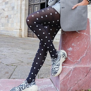Black polka dot patterned tights, Women&#39;s black tights with white polka dot print, black pantyhose, Black polka dot nylons,