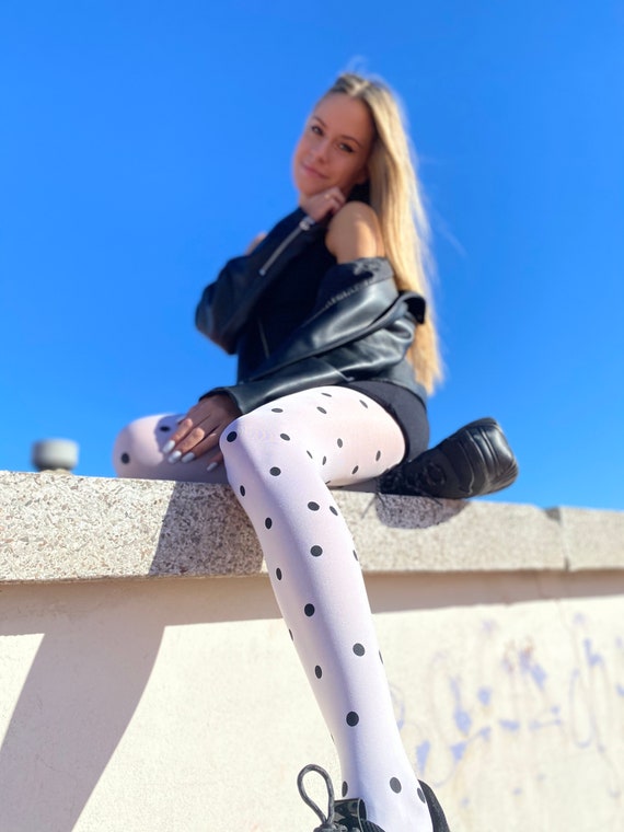 Polka Dots Printed Women's White Opaque Pantyhose, Wonderfull Spotted Tights.  Printed White Tights. Sexy Gift for Her. Tattoo Design Tights -  Israel