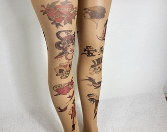 Printed pantyhose, tattoo effect in pantyhose with "old school" motifs that are quite realistic, looking very "vintage" fashionable. 40Denier.