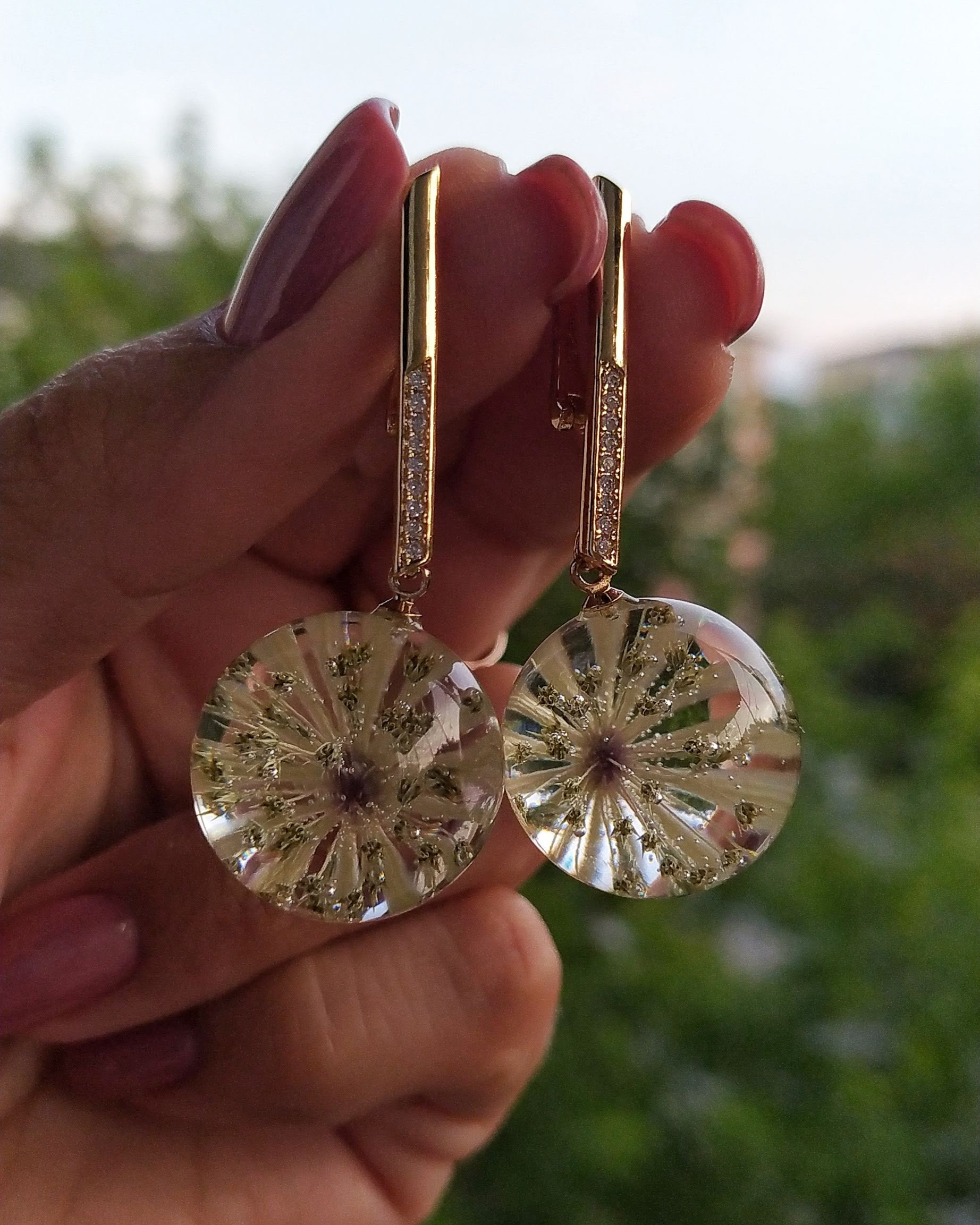 Festive earrings made of real dried flowers and jewelry resin. Etsy