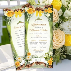 May include: A Quinceañera celebration order of events card with a green and yellow floral design. The card features a gold frame with a crown and a frog. The text on the card reads "Welcome to the Quinceañera Celebration of Alexandra Mulero August 31st 2024 at Canal Park, NY Parents Evangelez & Carlos Mulero Dames Chambelanes Samantha Mulero Mario Tolentino Jackie Sanchee Juan Jacque Amelie Escobar Lee Smith Hayley Philips Fredrick Mulero Lea Mills Pepe Joanes Padrinos de bower Antonio Mulero & Chez Escobar 08.31.24"