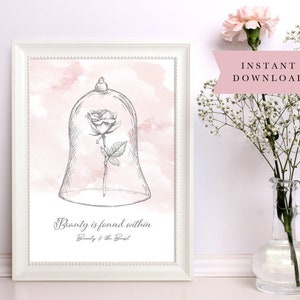 Arte mural de La Bella y la Bestia, descarga instantánea, Bella y la Bestia, Rosa encantada, Arte mural rosa para el hogar, Póster de cuento de hadas, Digital