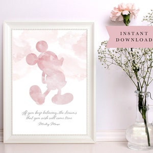 Lámina rosa de Mickey Mouse, decoración de pared para habitación infantil (descarga digital)