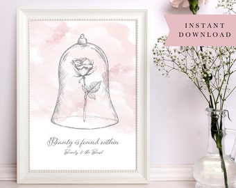 Beauty and the Beast Wall Art, Instant Download, Belle and Beast, Enchanted Rose, Pink Home Wall Art, Fairytale Poster, Digital