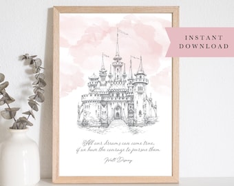 CASTLE Wall Art, Instant Download, Princess Castle, Fairytale Print, Pink Childrens Bedroom Print, Digital Art, Print your own