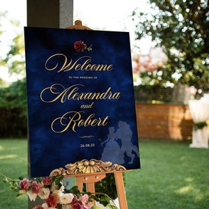 Signo de bienvenida de la Bella y la Bestia, signo de bienvenida de la boda de la Marina, signo de descarga instantánea, signo de fiesta de quinceañera, signo de bienvenida de los dulces dieciséis, 001