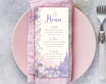 Tangled Menu, Digital Wedding Menu, Lavender Editable Menu, Purple Menu Download, Rapunzel Party Menu, Tangled Wedding Menu, Quinceanera 003