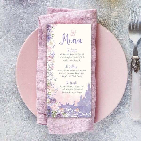 Menu enchevêtré, menu de mariage numérique, menu modifiable lavande, menu violet à télécharger, menu de fête Raiponce, menu de mariage enchevêtré, Quinceanera 003