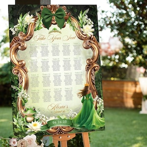 May include: A green and gold wedding seating chart with a princess illustration and a frog. The chart is titled "Take Your Seat" and lists tables 1 through 19. The date is 06.26.23.