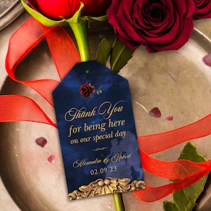 Etichetta matrimonio blu navy, bomboniera La bella e la bestia, etichetta matrimonio stampabile, etichetta ringraziamento, download La bella e la bestia, festa La bella e la bestia, 001