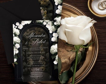 Dark Floral Wedding Invitation, Gothic Arch, Black & White (Digital)