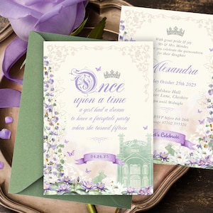 Princess and the Frog Invitation, Princess and Frog Party Invitation, Lilac and Green Quinceanera, Editable Princess Frog Sweet 16, 031