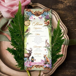 May include: A decorative menu card with a vintage design, featuring a gold frame and floral and animal illustrations. The menu lists appetizers, main courses, beverages, and desserts. A pink rose and greenery are in the background. The text "Let's Eat" is visible.