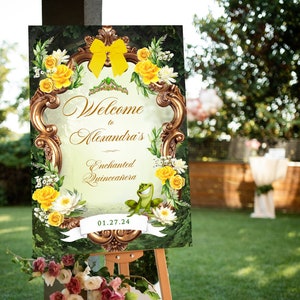 Cartello di benvenuto della principessa e il ranocchio, stampabili della festa della principessa e del ranocchio, cartello di benvenuto di Quinceanera, cartello dei dolci sedici anni, cartello di compleanno, 021