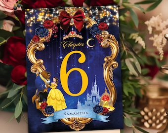 May include: A decorative sign featuring a gold frame with a blue background and the text "Chapter 6". The sign includes illustrations of Belle and the Beast, a castle, and roses. A ribbon at the bottom reads "Samantha".