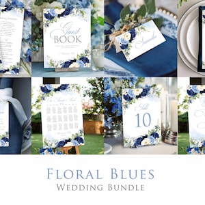 Puede incluir: Un conjunto de artículos de papelería para bodas con un diseño floral en tonos azules y blancos. Los artículos incluyen invitaciones, un libro de visitas, tarjetas de sitio, menús, números de mesa y un plano de asientos. El texto "Floral Blues Wedding Bundle" está en la parte inferior.