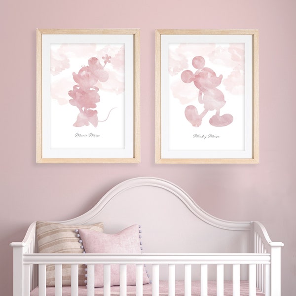 Mickey & Minnie Prints, Set of 2, Minnie and Mickey Mouse, Digital Pink Bedroom Art, Mickey Mouse Art, Minnie Mouse Decor, Pink Nursery