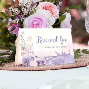 Verschlungene reservierte Karte, digitale Hochzeit Sitzplatzkarte, lila Märchenhochzeit, Sofortige Namenskarte, verschlungene Quinceanera Party Printables, 003