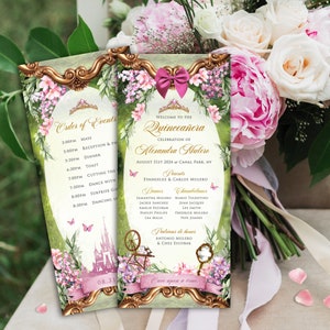 May include: A Quinceañera invitation with a pink and green floral design. The invitation features a gold frame, a pink bow, and a castle with a spinning wheel. The text on the invitation reads "Welcome to the Quinceañera Celebration of Alexandra Mulero" and includes the date, location, and names of the parents and guests.