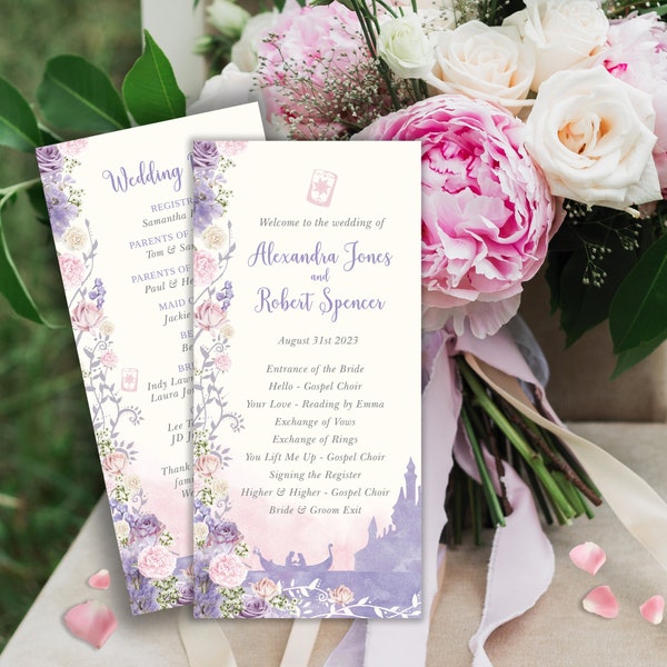 Tangled Wedding Programme, Digital Wedding Programme, Fairytale Wedding Programme, Wedding Agenda, Tangled Printables, Purple Itinerary, 003