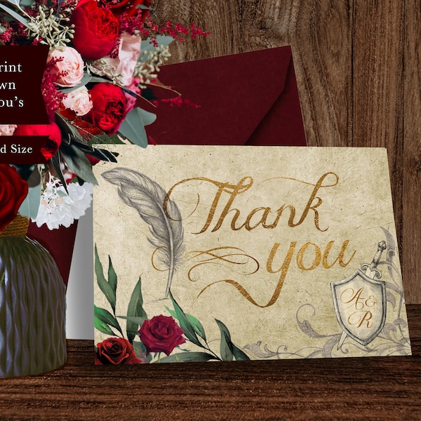Medieval Thank You Card, Rustic Thank You, Old Style Card, GOT wedding, Castle Wedding, Tolkien, Red Rose Wedding, Shield and Sword, 004