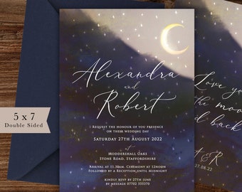 May include: A 5x7 double-sided wedding invitation with a starry night sky background. The invitation features a crescent moon and the names "Alexandra and Robert" in elegant script. The text reads "Request the honour of you presence on their wedding day Saturday 27th August 2022 at Moddershall Oaks Stone Road, Staffordshire Arrival at 11.30am. Ceremony at 12noon Followed by a reception until midnight Kindly RSVP by 27th June by message 07702 555370".