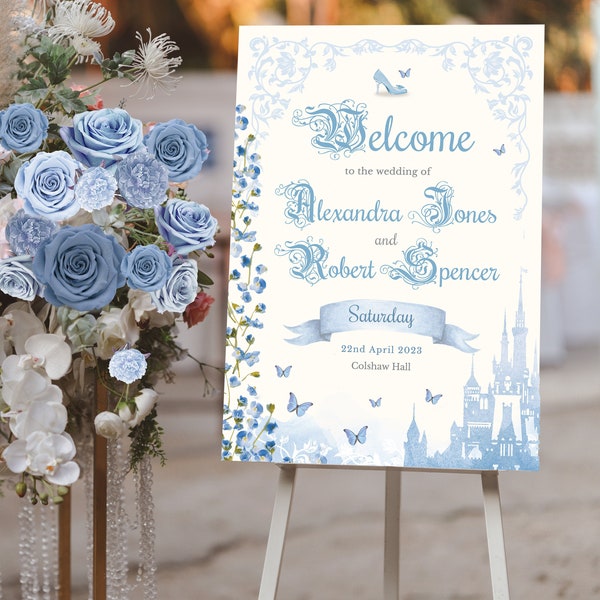 Cinderella Welcome Sign, Cinderella Wedding, Blue Digital Welcome Sign, Quinceanera Sign, Dusty Blue Wedding, Cinderella Party Decor, 006