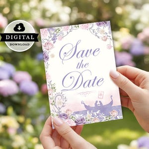 Zaplątani, Zapisz datę, Zaproszenie na przyjęcie z motywem kwiatów w kolorze liliowym, Roszpunka, (Pobranie cyfrowe) 003