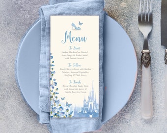 Cinderella Menu, Digital Wedding Menu, Blue Editable Menu, Dusty Blue Wedding Downloads, Cinderella Party Menu, Quinceanera Menu, 006