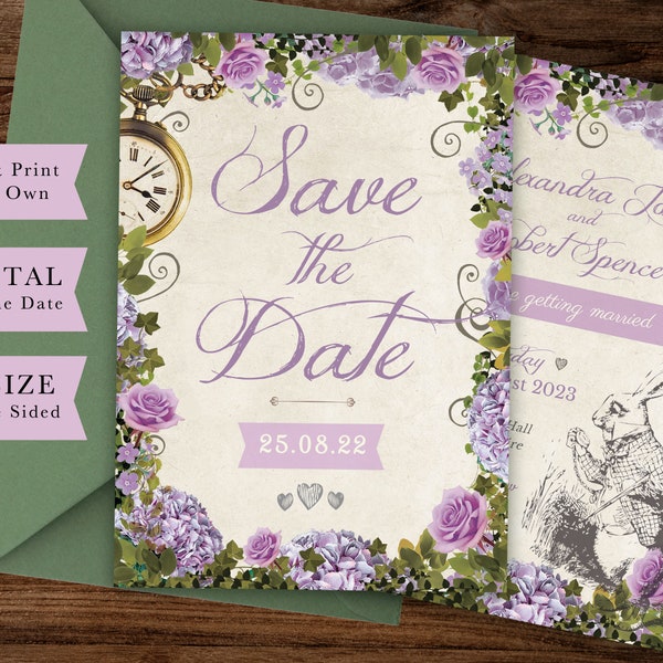 Alice Wedding Save the Date, Digital Alice in Wonderland, Lilac Wedding, Print Your Own Lavender Invite, Instant Party Download, Templett