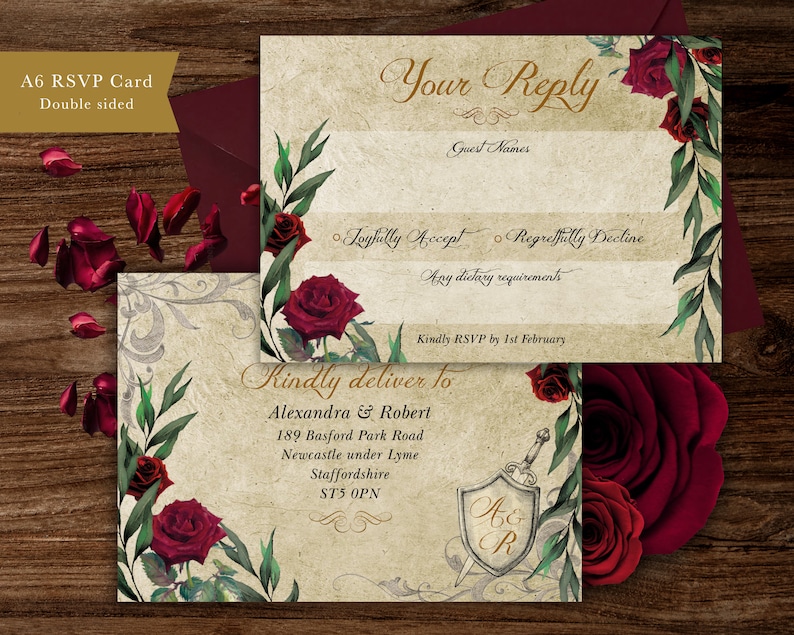 May include: A vintage-style RSVP card with a floral design featuring red roses and green leaves. The card has a gold inscription that reads "Your Reply" and includes space for guest names, RSVP options, dietary requirements, and a delivery address. The card also features a shield with the initials "A & R" and a sword.