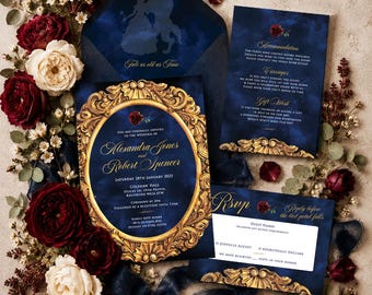 Beauty and the Beast Wedding Invitation, Be Our Guest Invite, Gold mirror, Navy Quinceanera (Digital Invite) 001