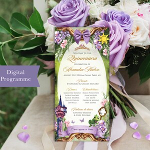 Op de afbeelding: Een digitaal programma voor een Quincea&ntilde;era-viering voor Alexandra Mulero. Het programma heeft een groene en gouden rand met een bloemenontwerp en een cartoonafbeelding van Rapunzels toren. De tekst "Welkom bij de Quincea&ntilde;era Celebration of Alexandra Mulero" staat bovenaan het programma. Het programma vermeldt de namen van de ouders, de "Dames" en "Chambelanes" in de bruiloftsstoet, en de "Padrinos de honor".