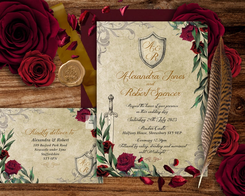 May include: A wedding invitation with a vintage aesthetic. The invitation features a watercolor illustration of red roses, a sword, and a shield with the initials "A & R". The text reads "Alexandra Jones and Robert Spencer" and includes the date and location of the wedding.