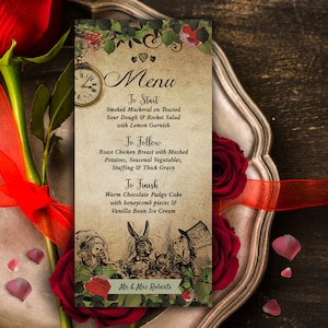 Alice im Wunderland Menü, digitales Hochzeitsmenü, Vintage Hochzeitsmenü, Alice im Wunderland Download, Alice Party Printable, Alice Quitte, 002
