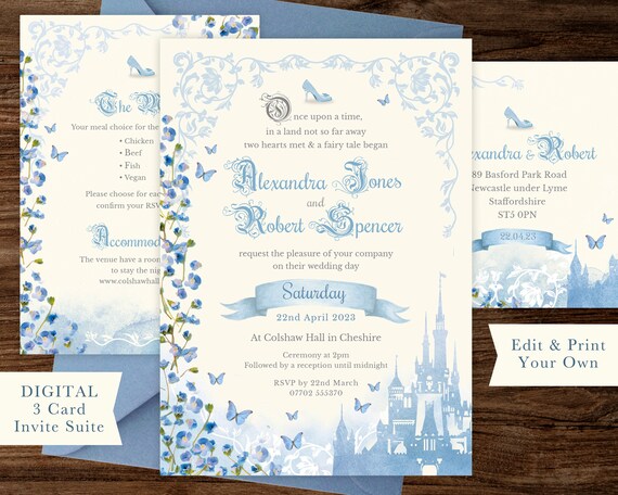 Cinderella Wedding Invitation, Blue Digital Wedding Invite, Fairytale Invitation, Cinderella Party Invite, Blue Quinceanera Invite, 006