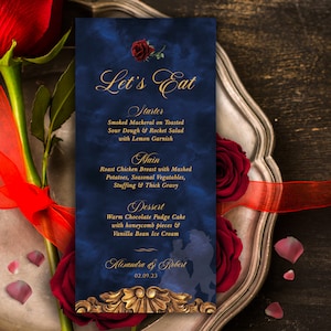 La belle et la bête, menu de mariage numérique, menu de mariage bleu marine, téléchargement de mariage de la belle et la bête, mariage bleu marine et or, Templett, 001