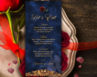 Beauty and the Beast Menu, Digital Wedding Menu, Navy Wedding Menu, Beauty and Beast Wedding Download, Navy and Gold Wedding, Templett, 001