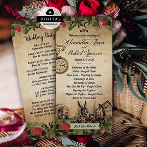Alice im Wunderland Hochzeitsprogramm, Vintage Tea Party Quinceanera Programm (Digitaler Download) 002