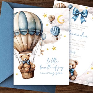 Invito per baby shower, invito orsetto, mongolfiere, nuvole, baby shower blu, è un maschietto, invito per neonati con stelle e lune, 029