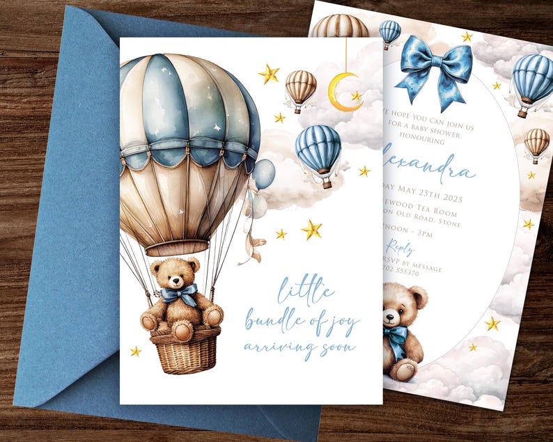 May include: A baby shower invitation with a blue and white hot air balloon, a teddy bear, and clouds. The text on the invitation reads "little bundle of joy arriving soon" and "Hope you can join us for a baby shower honoring Alexandra".