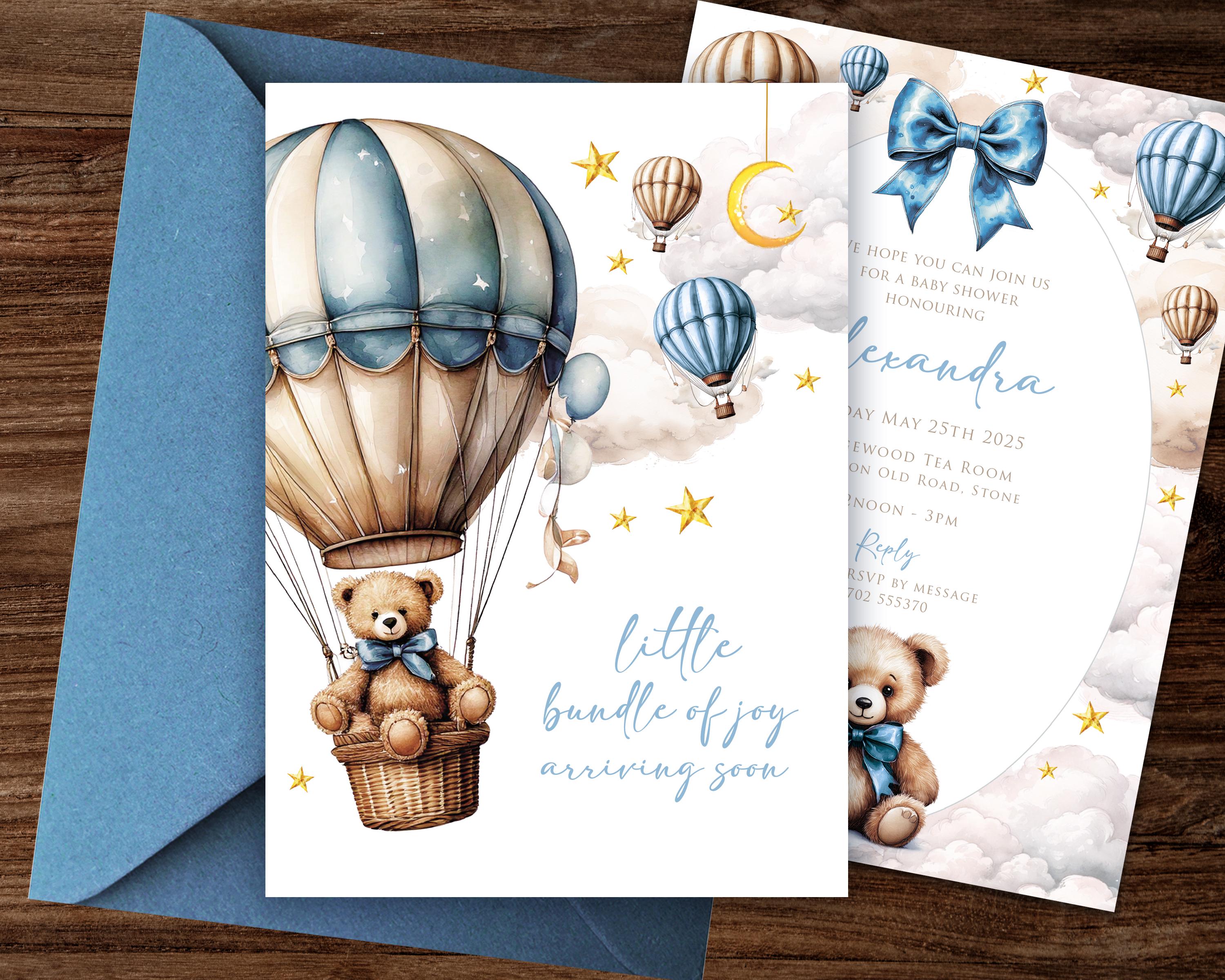 Baby Shower Invitation, Teddy Bear Invitation, Hot Air Balloons, Clouds, Blue Baby Shower, Its a Boy, Stars and Moons Baby Invite, 029