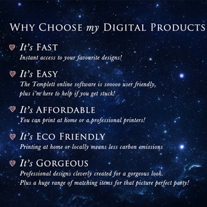 May include: A graphic with a dark blue starry background and pink hearts. The text reads "WHY CHOOSE my DIGITAL PRODUCTS" and lists five reasons to choose digital products: "It's FAST", "It's EASY", "It's AFFORDABLE", "It's ECO FRIENDLY", and "It's GORGEOUS".