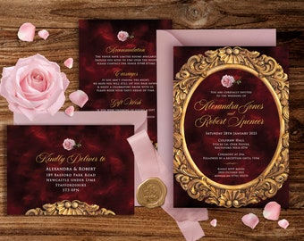 Beauty and the Beast Wedding Invitation, Burgundy Wedding Invite, Digital Invitation, Wedding Instant Invite, Blush Wedding Invite, Templett