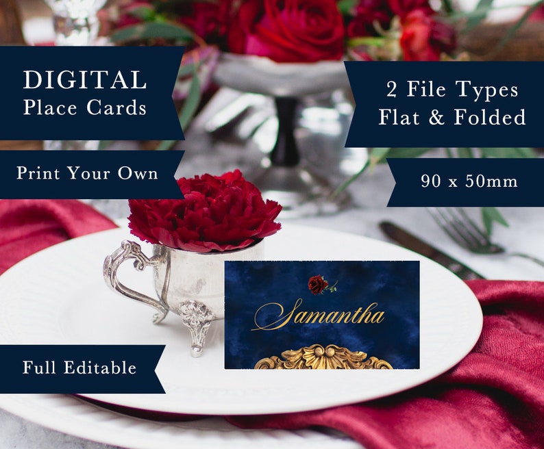 Beauty and the Beast Place Card, Navy Gold Wedding (digital Download ...