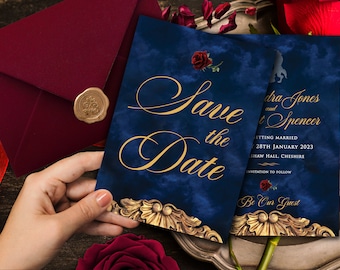 Beauty & the Beast Save the Date, Fairytale Wedding, Quinceanera Save the Date, Belle and Beast, Mirror Save the Date, Enchanted Rose, 001