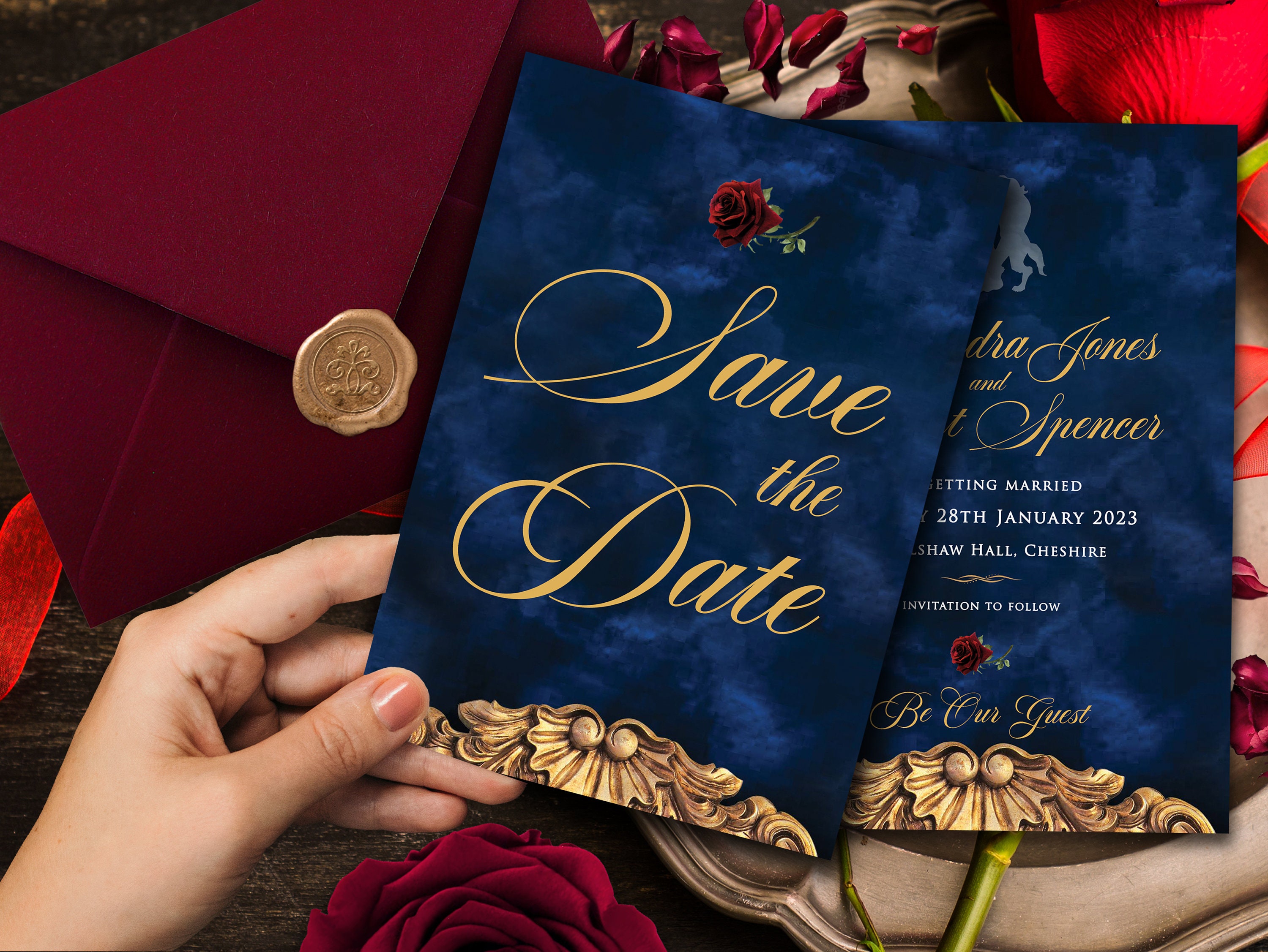 Beauty & the Beast Save the Date, Fairytale Wedding, Quinceanera Save the Date, Belle and Beast, Mirror Save the Date, Enchanted Rose, 001