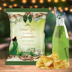 May include: A green and gold quinceañera-themed chip bag with a princess illustration and the text "Thank You for celebrating Samantha's Quinceañera". A glass bottle with green liquid and a straw, a pile of potato chips, and a wooden table.